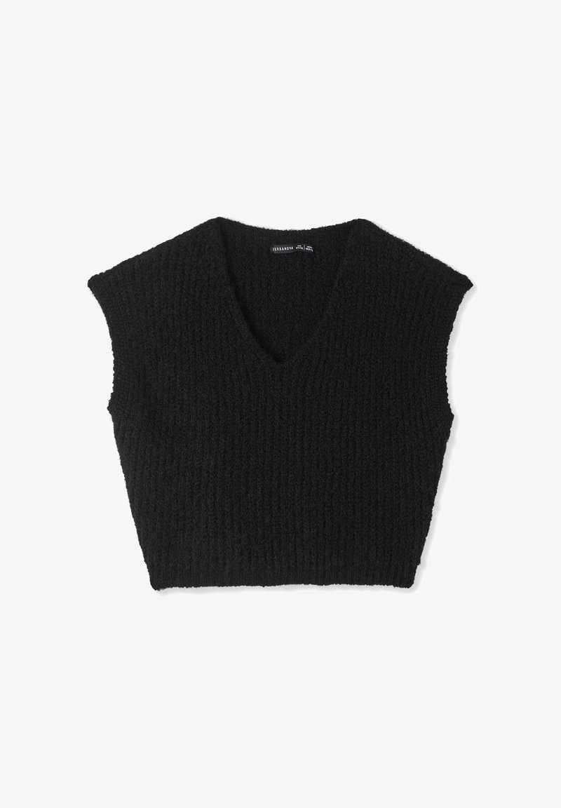 Top corto nero lavorato a maglia con scollo a V, maniche corte a cappuccio e tessuto strutturato. Presenta un design aderente e dettagli a coste.