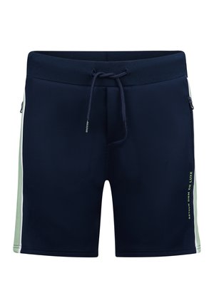 Marineblaue Badeshorts aus synthetischem Material, mit einem Kordelzugbund, seitlichen Reißverschlusstaschen und hellgrünen seitlichen Streifen.
