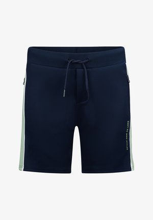 Marineblaue Badeshorts aus synthetischem Material, mit einem Kordelzugbund, seitlichen Reißverschlusstaschen und hellgrünen seitlichen Streifen.