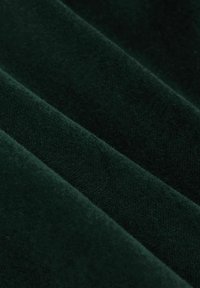 Sügav roheline sametkangas, millel on pehme ja sile tekstuur, omades kerget läiget ja peeneid sooni, mis on loodud voltide poolt.