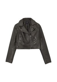 Schwarze, cropped Kunstlederjacke mit Spitzkragen und asymmetrischem Reißverschluss. Verfügt über seitliche Taschen mit Reißverschluss und Nahtdetails.