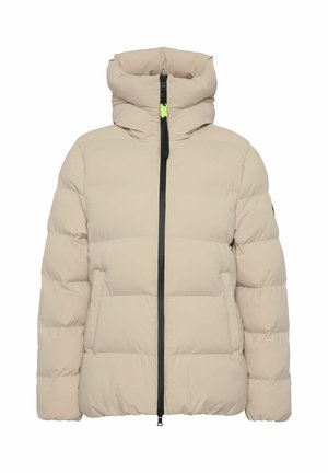 Beige padded jacket with a high collar, black zipper, and two front pockets. Features a quilted texture with puffy sections for insulation.