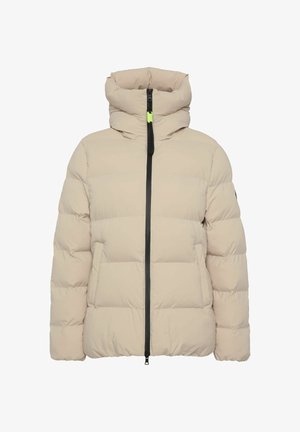 Beige padded jacket with a high collar, black zipper, and two front pockets. Features a quilted texture with puffy sections for insulation.