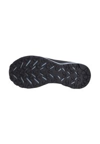 Schwarze Schuhsohle mit einer robusten, strukturierten Oberfläche, die multidirektionale Traktionsnoppen und subtile blaue Akzente entlang der Kante aufweist.