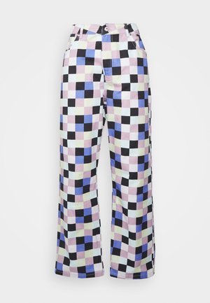 Calças largas em padrão xadrez em cores pasteis, incluindo roxo, azul, verde e preto. Apresentam um fecho de botão e bolsos frontais.