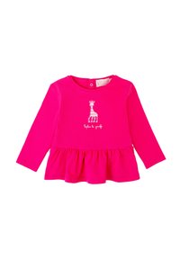 Maglietta fucsia a maniche lunghe con orlo a peplo arricciato. Presenta una giraffa ricamata e il testo "Sophie la girafe". Materiale in cotone morbido.