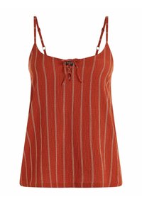 Top senza maniche a righe rosse con spalline regolabili, dettaglio annodato sul colletto e un tessuto testurizzato. Le righe bianche verticali mettono in risalto il design.