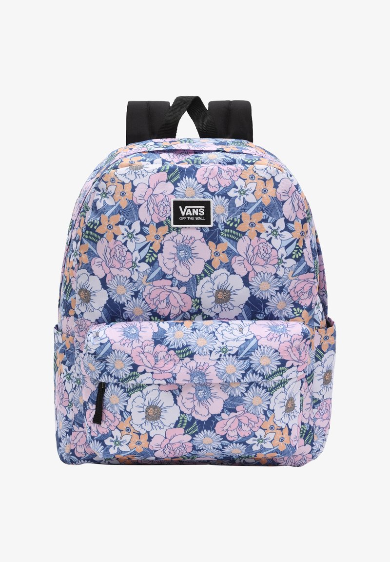 Sac à dos avec le logo Vans, recouvert d’un motif floral bleu, rose, blanc et orange, avec une poche zippée à l'avant et des bretelles noires.