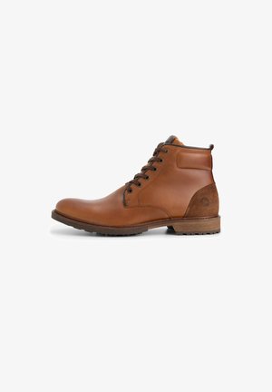 Brown leather ankle boot with dark brown laces, padded collar, and textured sole, shown in side profile on white background.