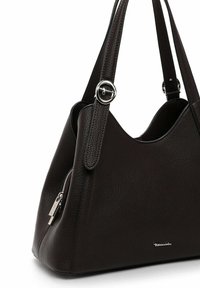 Dark brown leather handbag with a textured finish, zippered pocket, and silver hardware accents. Features two sturdy shoulder straps.
