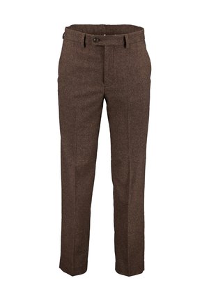 Braune Wollmischung maßgeschneiderte Hosen mit Gürtelschlaufen, Frontknopf und Seitentaschen, gezeigt vor weißem Hintergrund.