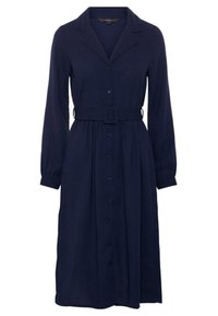 Abito blu navy realizzato in tessuto morbido, caratterizzato da un colletto, maniche lunghe, chiusura frontale con bottoni e vita con cintura per una vestibilità regolabile.