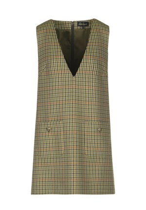 Sleeveless plaid dress with a V-neck, featuring green, beige, and red check patterns. Includes two front pockets with button details.