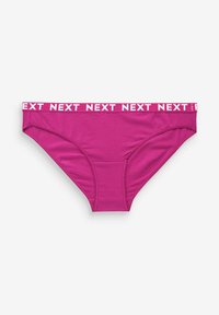 Magenta bombažna hlačke z belim elastičnim pasom, na katerem je ponovljen napis "NEXT". Gladka tekstura in klasična oblika bikinic.