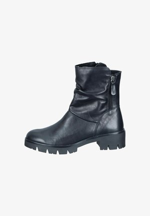Black mid-calf leather boot with side zipper, round toe, slightly slouched shaft, and chunky rubber lug sole with low heel.