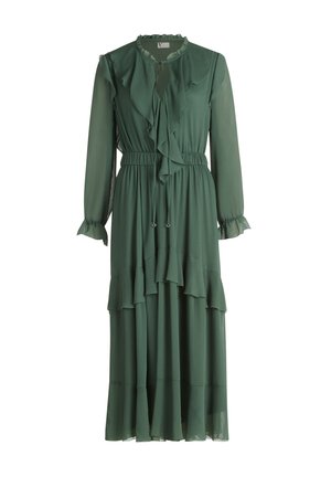 Robe longue verte en tissu léger, avec des détails volantés, un col rond, et une taille élastique avec cordon de serrage. Jupe évasée.