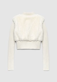 Maglione corto con anteriore in morbida pelliccia ecologica e maniche lunghe a costine in beige chiaro. Presenta un collo alto e dettagli in tessuto testurizzato.