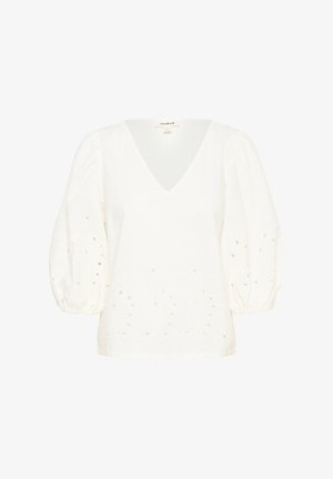 Valge pluus V-kaelusega, puhvvarrukatega ja tikitud täppide mustriga. Tekstureeritud kangas sisaldab õrna detaili ääres.