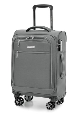 Valigia rigida in tessuto grigio con finitura testurizzata. Dotata di manico retrattile, ruote scorrevoli e numerose tasche con zip.