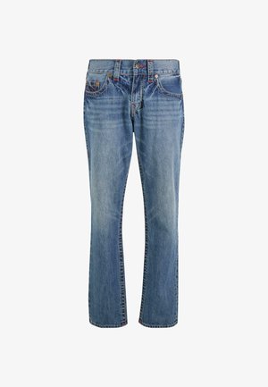 Zili denim džinsi ar taisnu kāju dizainu. Iekļauj dzeltenos un sarkanos šuves, piecus kabatas un pogu aizdari.