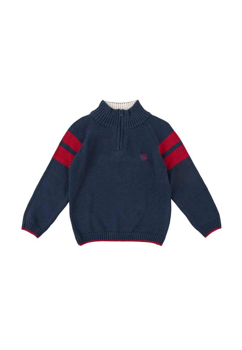 Suéter de punto azul marino con cuello con cremallera, que presenta rayas rojas en las mangas y puños y dobladillo acanalados. Pequeño logo en el pecho.
