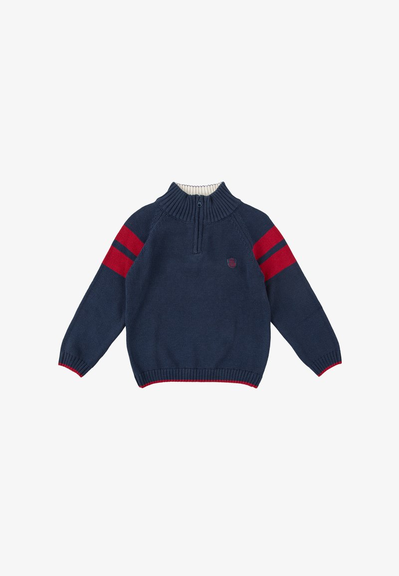 Pull en maille bleu marine avec un col zippé, présentant des rayures rouges sur les manches et des bords ribbed sur les poignets et l'ourlet. Petit logo sur la poitrine.