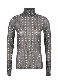 Pitkähihaista turtleneck-paitaa, joka on valmistettu läpinäkyvästä mustasta kankaasta ja jossa on geometrinen valkoinen kuvio. Muotoilu sisältää istuvat hihat ja rypytettyä yksityiskohtaa hihojen päällä.