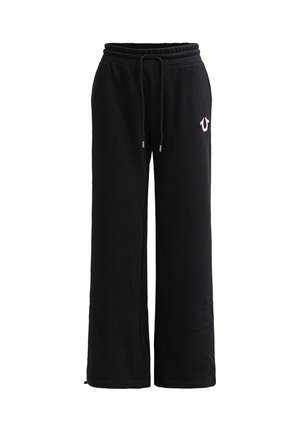 Czarne dresy wykonane z miękkiej mieszanki bawełny, z elastycznym paskiem w talii z sznurkiem, luźny krój oraz małym logo na biodrze.