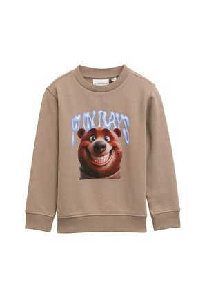 Felpa beige con un grande volto sorridente di un orso e la parola "VENERDÌ" in blu sopra la testa dell'orso.