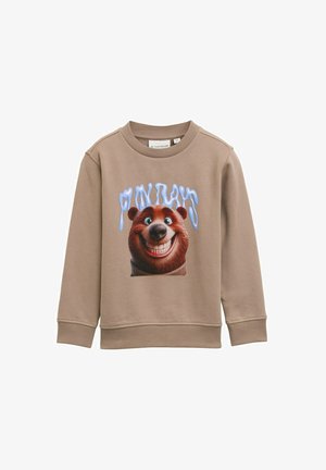 Beige Sweatshirt mit einem großen, lächelnden Bärenkopf und dem Wort "FREITAG" in Blau über dem Kopf des Bären.
