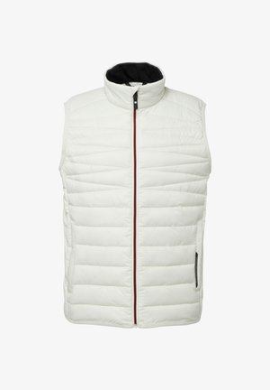 Veste sans manches blanche avec un motif matelassé, un col haut et une fermeture éclair centrale. Présente une fermeture éclair rouge contrastante et une doublure intérieure noire.