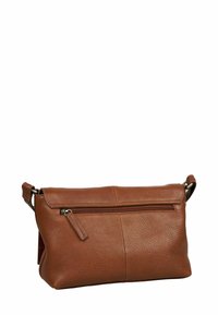Bruine leren handtas met een gestructureerde afwerking, rechthoekige vorm, sluiting met een bovenste rits en een verstelbare schouderband. Heeft een voorkant met ritsvak.