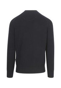 Schwarzer langärmeliger Strickpullover mit gerippten Bündchen und Saum, von hinten vor einem weißen Hintergrund gezeigt.