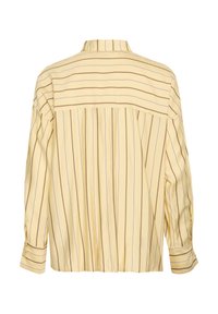 Camicia a maniche lunghe gialla a righe verticali con dettagli viola, schiena plissettata e polsini con bottoni.