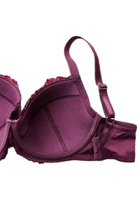 Bordo podložen modrček z čipkastimi dodatki ob zgornjem robu, nastavljivimi naramnicami in zapenjanjem na kavelj in oko. Gladka tekstura tkanine in oblikovani koščki.