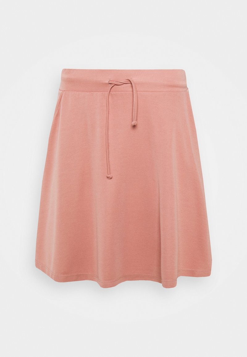 Jupe rose douce mi-longue au genou avec une taille élastique et un cordon ajustable, fabriquée en tissu léger.