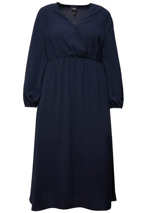 Marineblaue, langärmlige Wickelkleid mit V-Ausschnitt, gerafftem Taillenbund und fließendem Rock. Aus strukturiertem Stoff gefertigt, mit elastischen Bündchen.