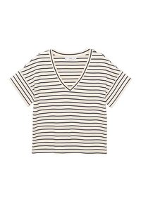 Kortärmad V-ringad T-shirt i krämfärgad med marinblå ränder. Mjuk tyg, rak passform och kontrasterande kant runt halsringningen.