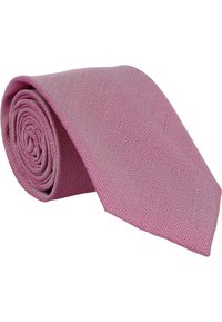Knitted tie in solid pink, rolled shape. Features a textured surface with a subtle pattern and a pointed end.