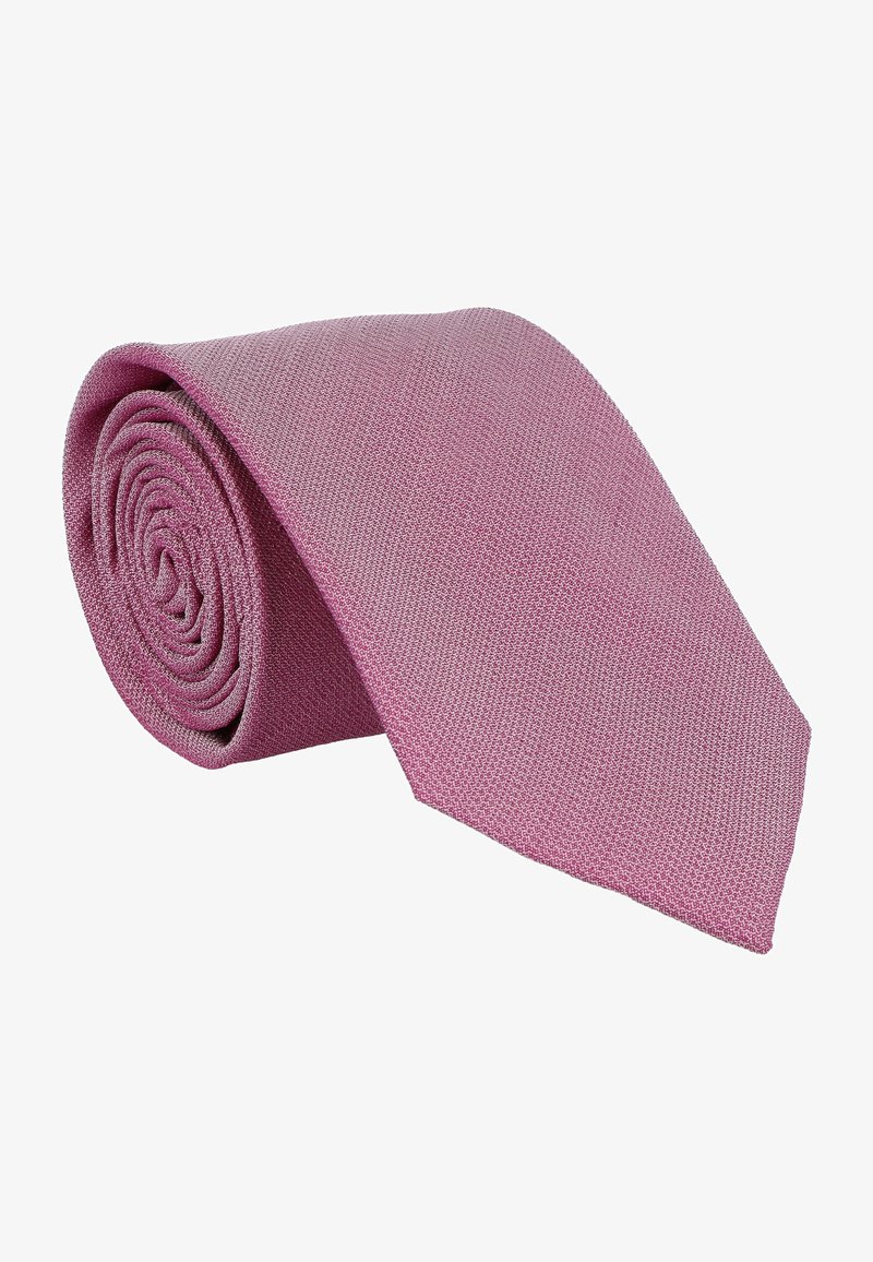 Knitted tie in solid pink, rolled shape. Features a textured surface with a subtle pattern and a pointed end.