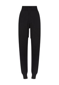 Sorte joggingbukser lavet af blødt stof, med snoretræk i taljen, tilspidsede ben med ribkanter og en glat tekstur.