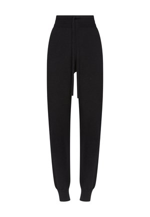 Svarta joggingbyxor i mjukt tyg med dragsko i midjan, avsmalnande ben med ribbade muddar och en slät yta.