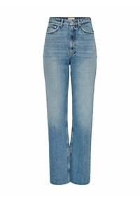 Hoge taille blauwe spijkerbroek met een rechte pijp, voorzien van subtiele vervaging, vijf zakken en een metalen knoopsluiting.