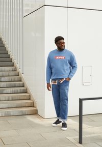 Ljusblå sweatshirt med röd Levi's-logotyp, rutigt skynke under, blå denimjeans och svarta sneakers. Står nära en uppsättning trappor.