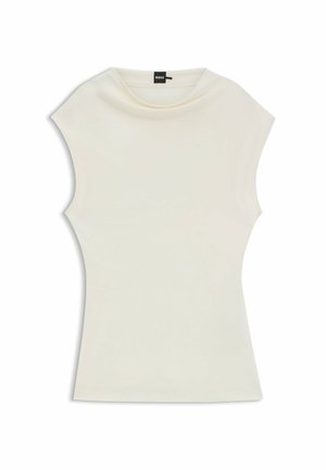 Top bianco aderente con collo alto e maniche a cappuccio. Tessuto liscio e elasticizzato con vita scolpita e senza pattern o accenti visibili.