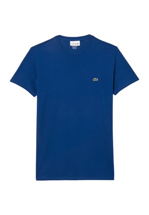 Blue short-sleeve t-shirt made of cotton. Features a small green embroidered logo on the left chest and a crew neck design.