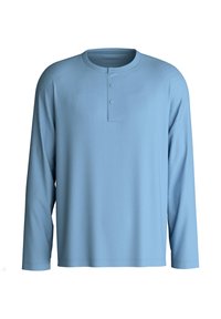 Lichtblauw langemouwen shirt met een ronde hals, een knoopsluiting met twee knopen en een gladde textuur. Heeft een ontspannen pasvorm en een rechte zoom.