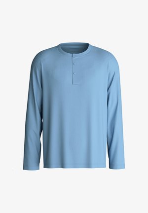 Lichtblauw langemouwen shirt met een ronde hals, een knoopsluiting met twee knopen en een gladde textuur. Heeft een ontspannen pasvorm en een rechte zoom.