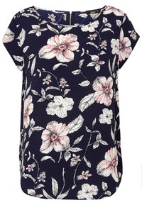 Blouse bleu marine à manches courtes avec grand imprimé floral rose et blanc et des feuilles, encolure arrondie et fermeture éclair au dos.