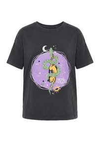 Black t-shirt with a purple circle design featuring a green snake wrapped around two taped hands, crescent moon, stars, and "Studio Untold" text.